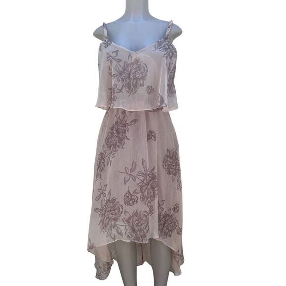 Love21 Dresses & Skirts - Love21 Popover High Low Dress Women's Medium Pink Taupe Floral Chiffon V-neck